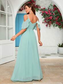 Women's V-Neck Spaghetti Strap Backless Dress With Ruffle Sleeves, Cross Pleated Flared Hem Bridesmaid Gown - Green - View 2