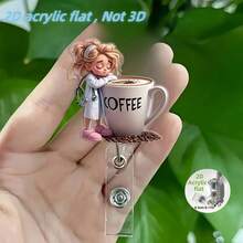2D Flat Acrylic Nurse ID Badge Holder, 1pc, Coffee Pattern Design - Cute Cartoon Nurse And Coffee Cup Illustration, Durable ID Holder, Suitable For Teachers, Students, Doctors, Office Gifts, Christmas, New Year Gifts, Fun Gifts - Coffee Brown - View 5