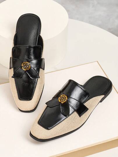 Color Block Square Toe Mule Slippers For Women, French Retro Flat Slip-On Casual Outdoor Sandals, Suitable For All Seasons