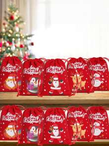10pcs/Set Random Christmas Christmas Peace Apple Packaging Bags, 12 Christmas Theme Pattern Gift Bags, Christmas Window Decorations, Christmas Tree Decorations, Room Background Decorations, Gift Giving Gifts Christmas And Peace Festival, Compatible With Apple Gifts, Santa Claus Elk Velvet Drawstring Reusable Gift Bags (Random Patterns)