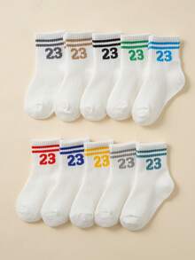 10 Pairs Kids Numerical & Parallel Bar Pattern Breathable Socks, Solid Color School Uniform Socks For Boys & Girls - Multicolor - View 5