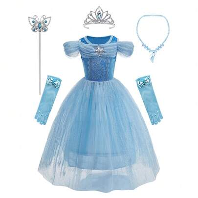 6pcs Set Light Blue Girl's Puff Sleeve Rhinestone Mesh Dress With Accessories, Children's Christmas & Halloween Party Costume Outfit