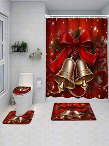 1/4pcs Christmas Bell Pattern Shower Curtain Set, Includes 12 Hooks, Bathroom Decor Accessories, Non-Slip Bath Mat, U-Shaped Mat, Toilet Seat Cover, Home Decor, Complete Bathroom Set (1pc/4pcs Optional) - Multicolor - View 16