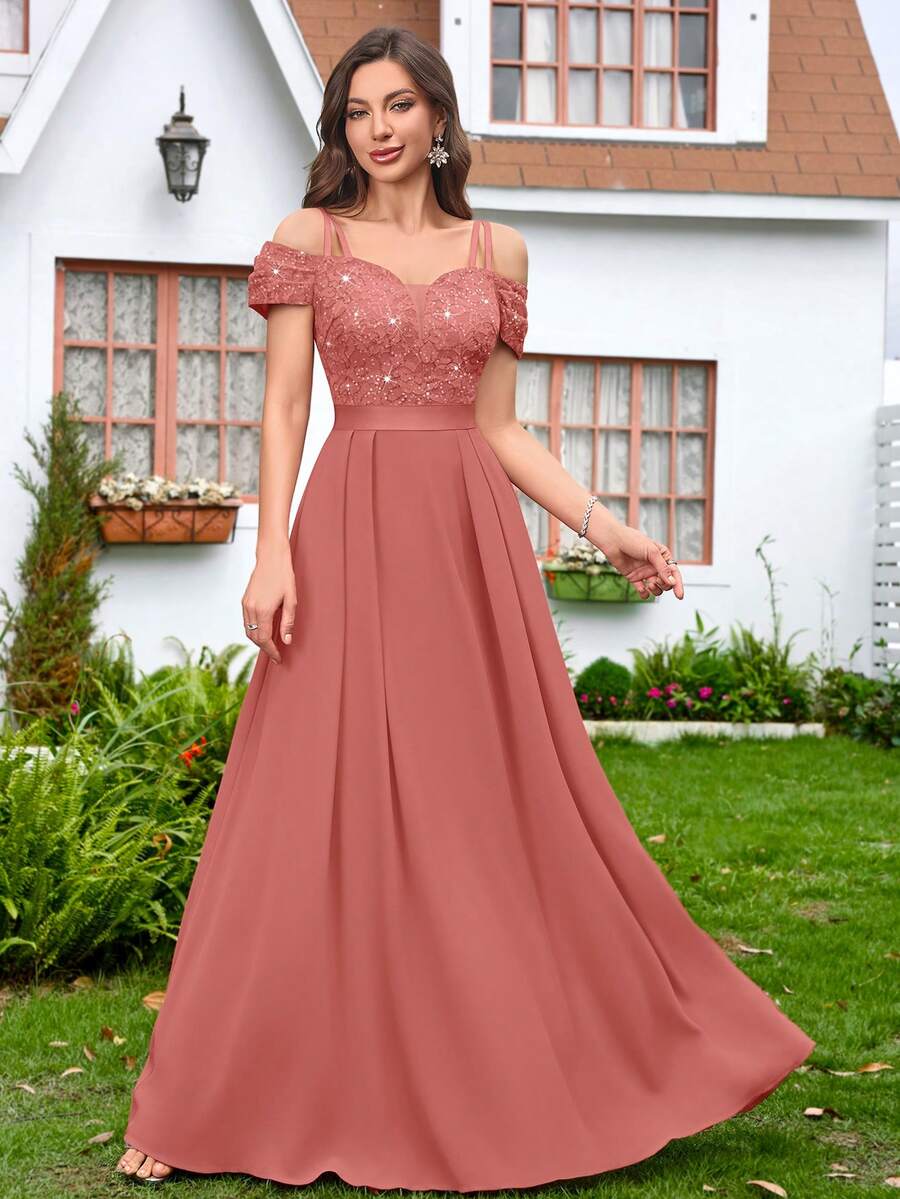 MIUSOL Sequin Floral Lace Off-Shoulder Sweetheart Neck Ruffle Hem Chiffon Formal Party Maxi Dress