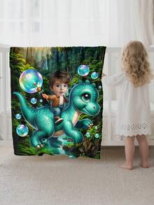 1pc Customizable Photo Blanket, Family Blanket, Photo Blanket, Dinosaur Pattern, Memorial Blanket, Suitable As A Gift For Girls, Boys, Adults, Valentine's Day, Lightweight, Baby Blanket, Personalized Fleece Blanket, Personalized Photo Blanket, Personalized Throw Blanket