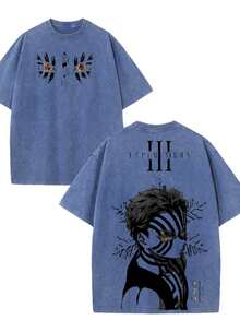 Men's Cartoon T-Shirt Retro Beige Washed Cotton Short Sleeves, Double-Sided Printed Light Summer Wear, Suitable For Cosplay Exhibitions And Daily Street Anime Fans Ideal Gift. - Xanh đậm - Xem 1