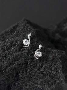 GAGAFEEL A Pair Of Sterling 925 Silver Fashionable Cool Mini Animal Snake Zirconia Ear Studs Earrings For Women Daily Wearing Friendship Birthday Party Jewelry Gift