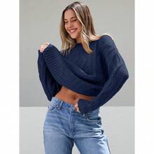 2025  Women's Oversized Cable Knit Crewneck Sweaters - Navy Blue - View 4