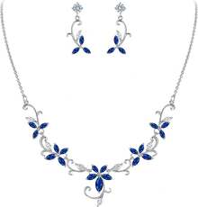 Crysdue Flower Leaf Wedding Jewelry Set Bridal Bridemaid, Cubic Zirconia Teardrop Elegant Silver/14K/Gold Plated Vine Necklace Dangle Earrings Prom Party - A_Blue - 查看 5