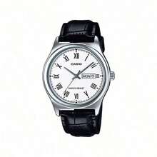 Casio Herren-Quarzuhr mit Lederarmband, weißem Zifferblatt mit römischen Ziffern, Datumsanzeige und drei Zeigern. Analoge Uhr, geeignet für Alltag, Freizeit und andere Anlässe. Modell: MTP-V006L-7B