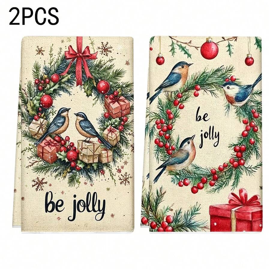2 Stücke/100 Stücke Weihnachtskranz mit Vögeln und Geschenk Muster Küchentücher und Geschirrtücher, geeignet für Innenraumdekoration in Restaurants, Küchen und Bädern, Partydekoration, Festivalgeschenke, als Geschenk