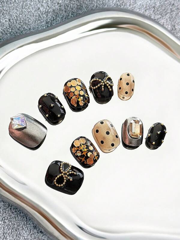 10 Peças Unhas Postiças Ovais Feitas à Mão com Multicoloridas Pedras Brilhantes, Contas Douradas e Detalhes em Laço, Pó Espelhado de Olho de Gato Ombré, Padrões Artísticos Pintados à Mão Estilo Y2K e Designs de Colorblock 3D - Unhas Postiças Brilhantes de Cobertura Total DIY, Unhas Falsas para Festas, Ao Ar Livre, Praia, Uso Diário, Feriados, Reuniões, Trabalho e Eventos Especiais