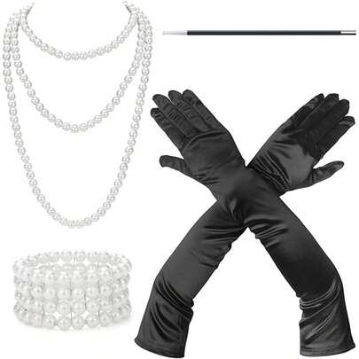 4 قطع من إكسسوارات عصر العشرينيات، قلادة طويلة، سوار، حامل سجائر، قفازات سوداء، إكسسوارات موضة نسائية عصرية بطراز فلابر عصر العشرينيات، مناسبة للمناسبات - مجموعة إكسسوارات الموضة الفاخرة هذه مثالية لحفلات الهالوين، الأزياء التمثيلية، حفلات التنكر، إطلالات فلابر عصر العشرينيات، حفلات السجادة الحمراء، الأناقة، إلخ.