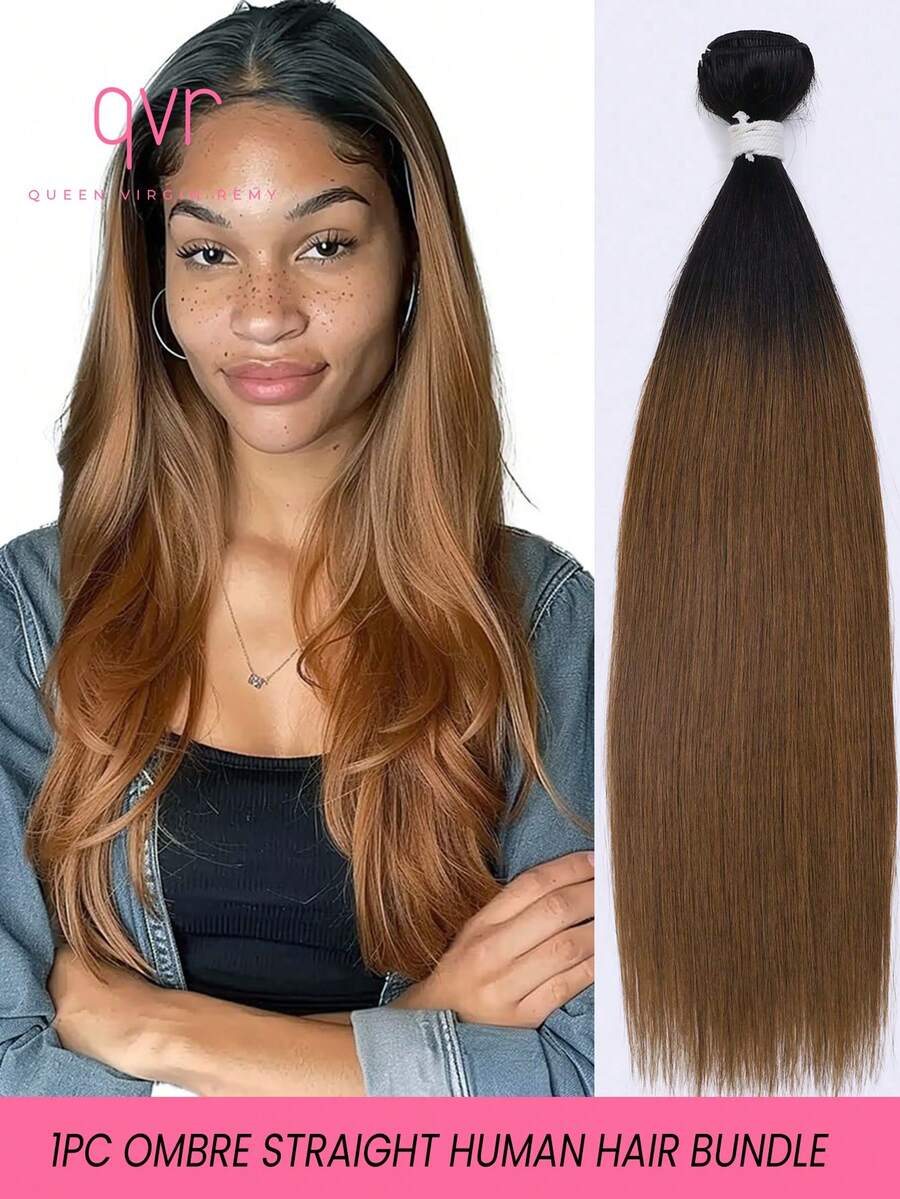 QVR QUEEN VIRGIN REMY 100% Human Hair Weft, Yaki Straight Remy Human Hair Weaving Extensions, 12-18 Inches Sew-In Hair Weft, 95g Per Piece - Rooted & Ombre - View 1