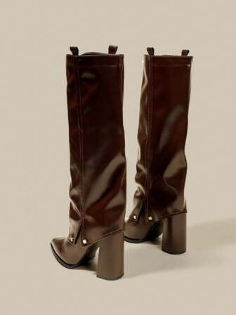 Women's Brown Pointed Toe Knee-High Boots, Comfortable Fitted Shaft Boots, Versatile Fashion Boots, Slip-On Wide Leg Boots, Chunky Heel Pleated Fold-Over Boots