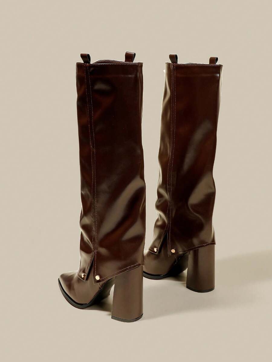 Women's Brown Pointed Toe Knee-High Boots, Comfortable Fitted Shaft Boots, Versatile Fashion Boots, Slip-On Wide Leg Boots, Chunky Heel Pleated Fold-Over Boots - Brown - View 1