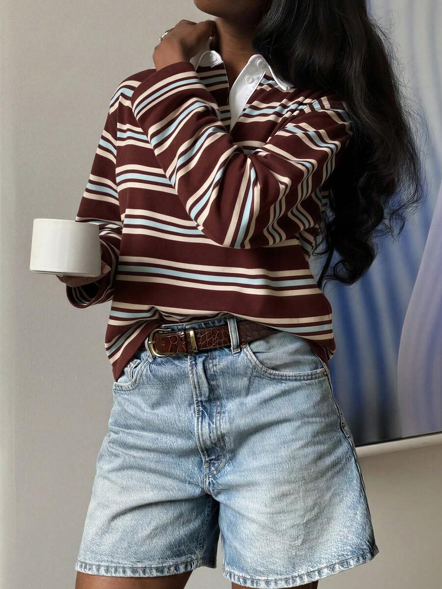HoloChill 女款對比色翻領條紋休閒長袖針織套頭上衣,2026夏季新款百搭情人節,女款條紋 Polo 領針織長袖修身套頭毛衣,適合秋冬/春季/秋季日常穿著、返校、返校舞會、法式風格 - 酒紅色 - 查看 1