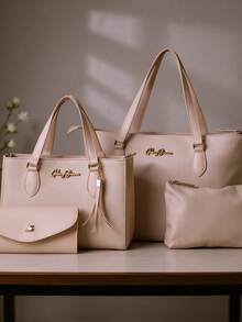 Kit 4 Anjik Medium Women's Bags + Wallet + Tote Bag + Toiletry Bag, Zipper Closure, Synthetic PU, Everyday Bag, Luxurious, Elegant, Party, Work, School, University. Gaby Show - 卡其色 - 查看 2