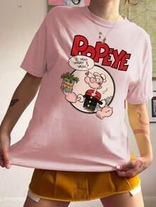 Popeye تي شيرت كاجوال مطبوع بأحرف وشخصيات كرتونية ملونة مثل بوباي بياقة دائرية وأكمام قصيرة ، مناسب للربيع والصيف ،متعدد الاستخدامات للارتداء اليومي - وردي - مشاهدة 7
