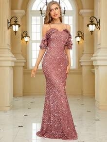 Váy bó sát eo đính sequin, dây mảnh - Bụi hồng - Xem 5