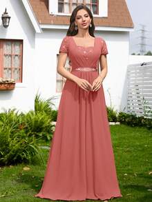 MIUSOL Đầm chiffon đính sequin, ren hoa, phối màu tương phản, cổ tim, thắt eo, viền bèo nhún, thích hợp làm đầm phù dâu, đầm dạ hội, đầm dự tiệc cưới mùa xuân. - Bụi hồng - Xem 8