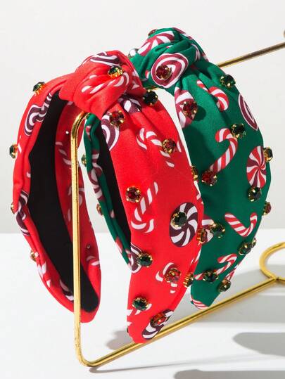 1 szt. opaska na głowę dla kobiet z motywem świątecznym, modny okrągły wzór laski cukrowej ze strasami, ozdoba do włosów na imprezę świąteczną, opaska z obręczą do włosów dla kobiet