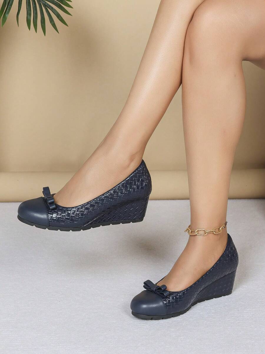 Women's Fashion Wedge Heel Soft Comfortable Pointed Toe High Heels - Navy Blue - View 1
