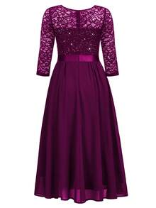 MIUSOL Elegant Maroon V-Neck Sequin Lace Ruched Chiffon A-Line Flowy Hem Midi Dress, 3/4 Sleeves, For Wedding Guest, Cocktail Party, Graduation Or Formal Evening Events - 紫紅色 - 查看 8