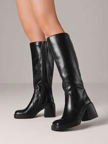 Women's Riding Knee High Boots Platform Chunky Square Toe Heeled Side Zipper Fall Casual Comfortable Long Tall Boots Woman - 黑色 - 查看 5