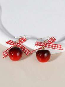 1pair Cute Strawberry Cake Design Earrings Sweet Bowknot Decor New Arrival For Women/Girls Valentines,Mom,Mother,Mother's Day,Gift - 紅色 - 查看 8