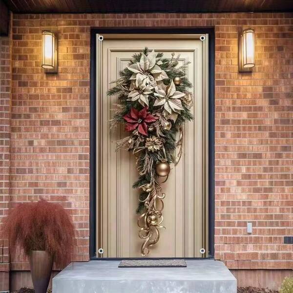Large Golden Christmas Bells & Wreath Door Cover - Durable Polyester, 35.4" X 70.8" - Ideal For Indoor/Outdoor Holiday Decor