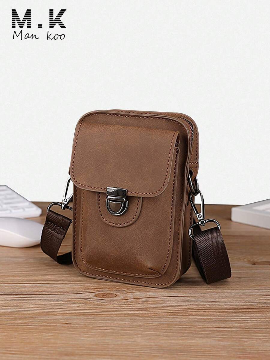 男士新款手机包疯马皮小方包韩版男士真皮单肩斜跨邮差包户外休闲迷你腰挂包带翻盖可系腰带棕色方包 - 棕色 - 查看 1
