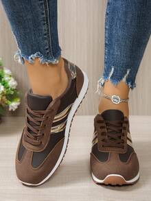 Women's Casual Sneakers, Gold Stripes, Classic Striped Design, Comfortable And Versatile For Daily Wear. This Women's Casual Striped Low-Top Sneakers Feature A Lightweight And Breathable Fabric Upper, Durable Rubber Outsole, And Lace-Up Design, Suitable For All Seasons And Casual Wear. Upgraded With A Removable Insole To Solve The Issue Of Improper Fit.