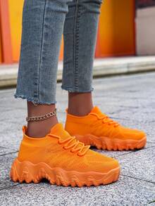 Women's Neon Orange Wavy Sole Casual Sneakers, Lace-Up Design, Suitable For All Seasons, - Orange - View 1