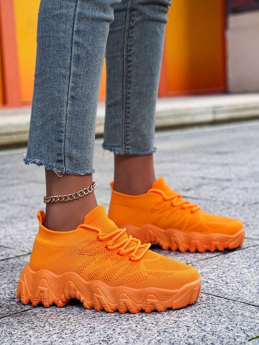 Women's Neon Orange Wavy Sole Casual Sneakers, Lace-Up Design, Suitable For All Seasons, - Orange - View 1