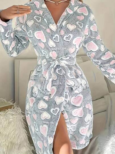 Women's Long Sleeve Hooded Robe, Heart Print, Comfortable & Warm, Minimalist & Stylish, Essential For Winter Home & Leisure. Suitable For Bedroom, Bathroom, Living Room Wear.