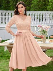 MIUSOL Elegant Champagne V-Neck Sequin Lace Ruched Chiffon A-Line Flowy Hem Midi Dress, 3/4 Sleeves, For Wedding Guest, Cocktail Party, Graduation Or Formal Evening Events - 香檳色 - 查看 3