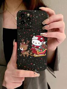 Sanrio 1pc Hello Kitty Dressed As Santa Claus Wearing Santa Hat With Reindeer Sled Pattern Fashionable Personalized Protective Phone Case, Suitable As Gift For Girlfriend, Best Friend, Wife, Couples, Aunt, Boss, Sister, Couple, Classmates, Teacher, Birthday Or Holiday Gift, Matte Black Soft Full Coverage Protective Anti-Dust And Waterproof Case Compatible With IPhone 13/17/16/15/14/13/12/11/Pro/ProMax/X/XR/XS/XSMAX/7/8/PLUS And Models