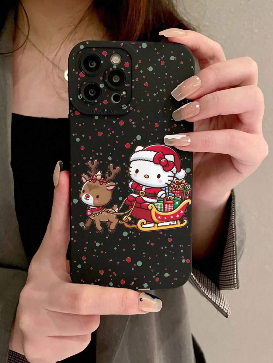Sanrio 1pc Hello Kitty Dressed As Santa Claus Wearing Santa Hat With Reindeer Sled Pattern Fashionable Personalized Protective Phone Case, Suitable As Gift For Girlfriend, Best Friend, Wife, Couples, Aunt, Boss, Sister, Couple, Classmates, Teacher, Birthday Or Holiday Gift, Matte Black Soft Full Coverage Protective Anti-Dust And Waterproof Case Compatible With IPhone 13/17/16/15/14/13/12/11/Pro/ProMax/X/XR/XS/XSMAX/7/8/PLUS And Models