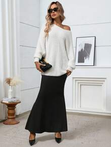 Plus Size Solid Color Batwing Sleeve Sweater, Winter - White - View 7