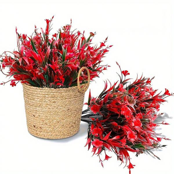 5 Packs Artificial Red Flowers, Freestanding Faux Floral Bundles For Indoor/Outdoor Holiday Decorations - Perfect For Christmas, Halloween, Thanksgiving, Valentine's Day
