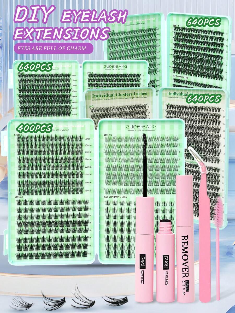 640pcs/400pcs D Curl 8-16mm Mixed False Eyelash Clusters, Natural & Lengthening, DIY Eyelash Extension Kit With Glue, Sealant & Tweezers, Suitable For Beginners, Daily, Party, Festival, Christmas Gift