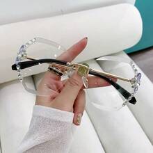 1pc Rhinestone Rimless Edged Fashion Glasses For Women, Glittering Accessory, Oversized Face Flattering, UV Protection, Fashion Eyewear For Vacation Outfits