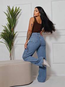 Women's Light Marbled Wide Cargo Jeans - Medium Wash - View 2