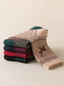 5 Pairs Women's Bohemian Style Christmas Mid-Calf Socks, Suitable For Outdoor, Sports, Home, Office Everyday Wear, Autumn/Winter