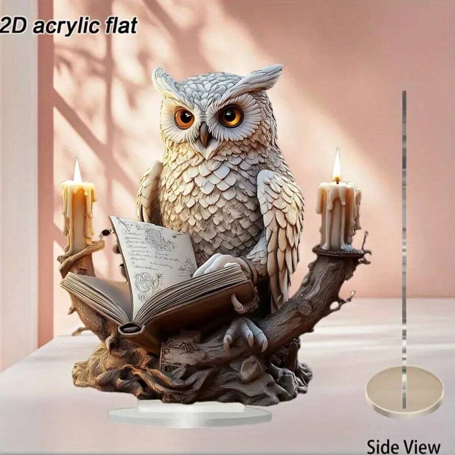 Statuie acrilică bufniță 2D plată, stil boem, 1 buc - bufniță albă elegantă cu design de carte și ramură, ochi expresivi, decor pentru birou, cadou de casă nouă - durabilă și ușor de curățat, cadou de ziua de naștere, cadou de sărbători