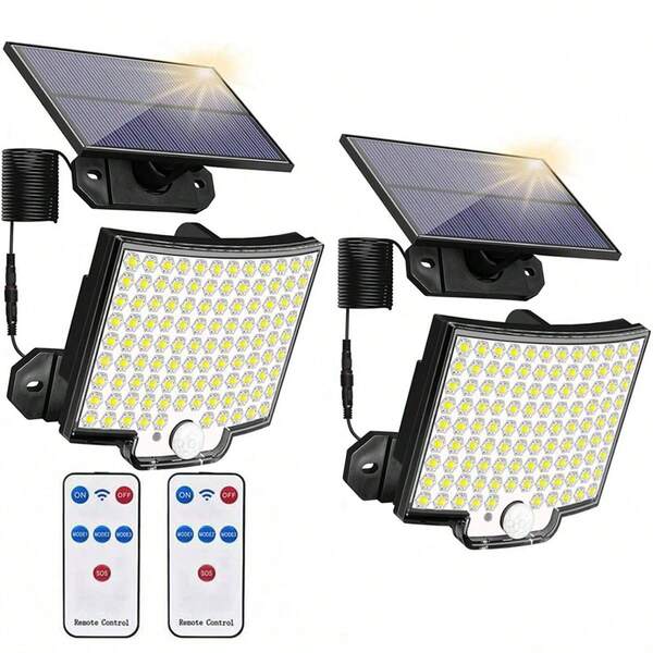 1 pieza Luz solar de 106 LED con sensor de movimiento para jardín, patio o pared exterior (El botón de control remoto SOS no funciona)