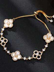 1pc Stainless Steel Elegant Cherry Blossom & Four-Leaf Clover Bracelet, Delicandy Bracelet For Women - Lucky Clover Pullout Bracelet - View 2