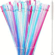 12 Pieces Reusable Plastic Straws, Replacement Glitter Drink Straws For Halloween Party, For 24oz - 40oz Wooden Barrel/Cup Long Straws, With Cleaning Brush Random Colors