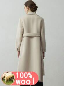 25 Styles 100% Pure Wool Overcoat, Fashion Button Tie-Waist Double-Faced Woolen Coat, Women's Winter Jacket, Elegant Ladies Outerwear For New Year, Thanksgiving, Winter - Beige - View 5